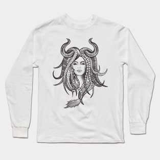 Confident Taurus Woman with Horns and Geometrical Tattoo Design Long Sleeve T-Shirt